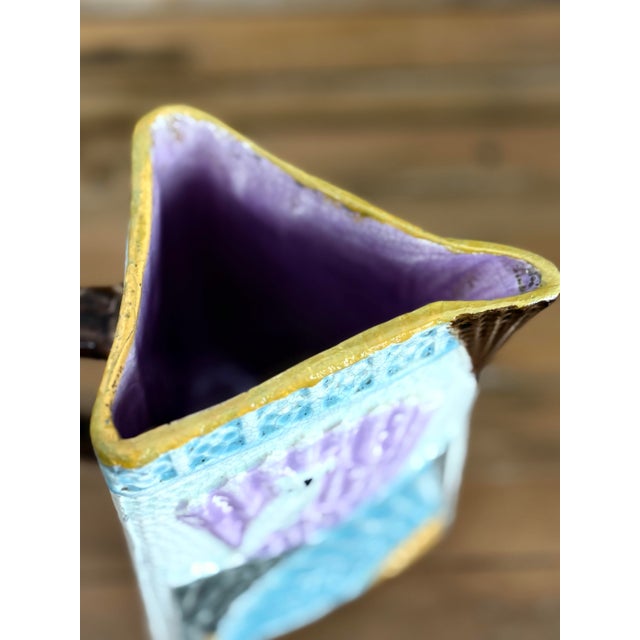 Antique Victorian Majolica Triangular Pitcher With Birds & Bamboo Handle — Aesthetic Movement, C. 1880s For Sale - Image 9 of 11