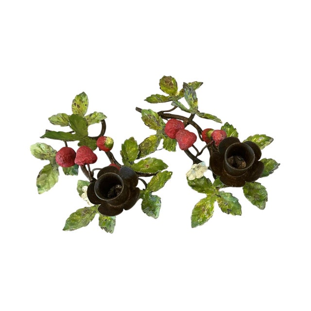 Metal Vintage Italian Hand Painted Tole Strawberry Candle Holders / Botanical Floral Candlesticks, a Pair For Sale - Image 7 of 9