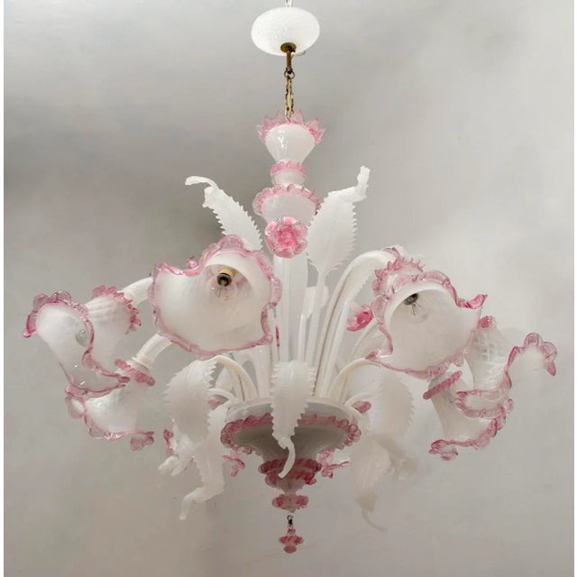 An elegant chandelier to eight in Murano glass lights milky and sophisticated fuchsia pink trim. With a bulbous centered...