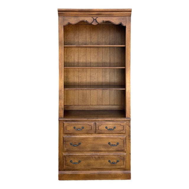 1990s Ethan Allen Country French Solid Birch 3 Drawer Chest & Bookcase Top in Fruitwood (26-9312 26-9311) For Sale