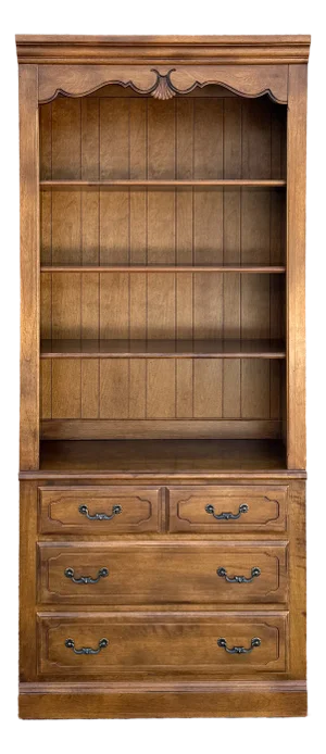 1990s Ethan Allen Country French Solid Birch 3 Drawer Chest & Bookcase Top in Fruitwood (26-9312 26-9311)