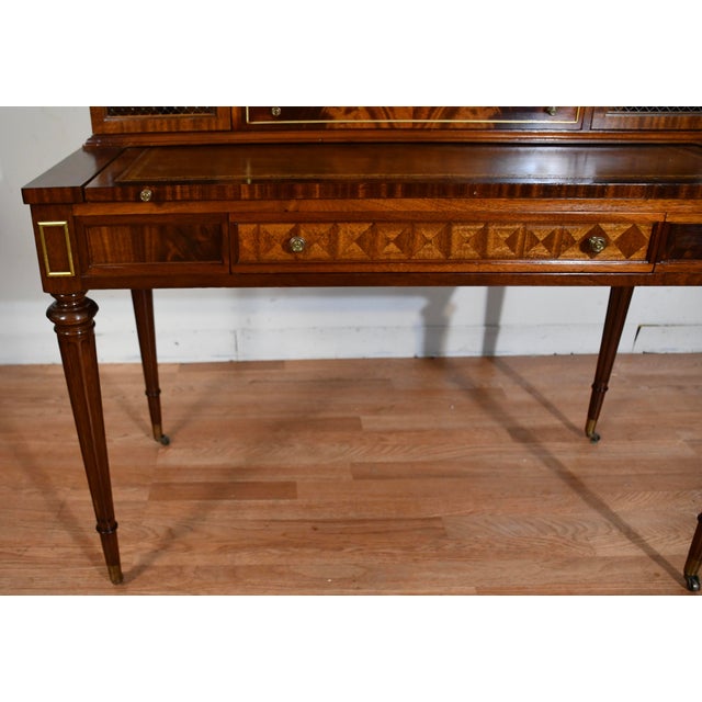 1930s Wieman Hepplewhite Style Leather Top Mahogany Inlaid Writing Desk With Bookcase For Sale - Image 4 of 18