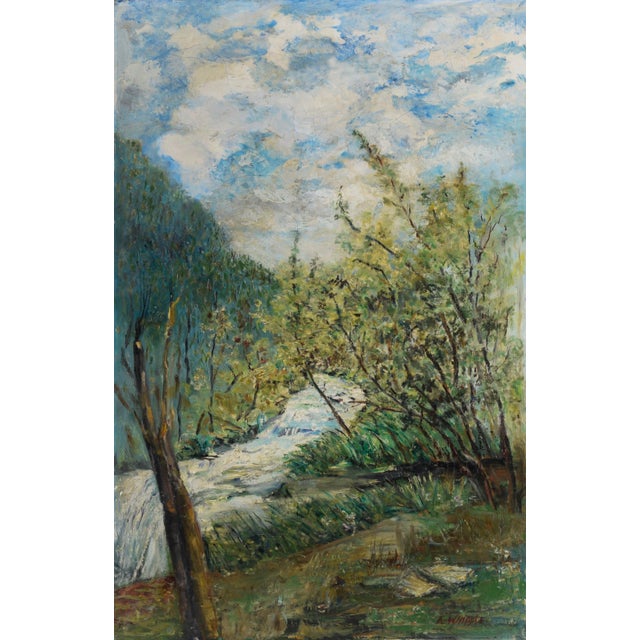 A Quiet River - Oil on Canvas Oil painting depicting a river flowing through a grove of trees. Vibrant green trees...