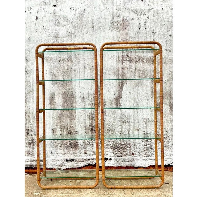 Tan Vintage Boho Curved Cornered Wrapped Rattan Etagere - A Pair For Sale - Image 8 of 8
