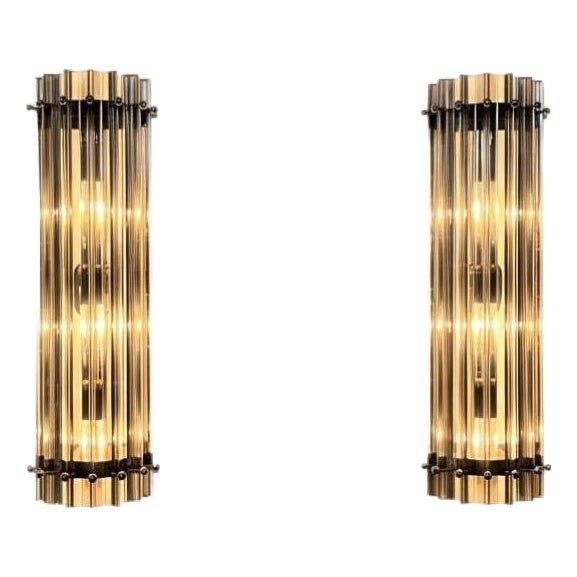Italian Smoked Murano Glass Wall Sconces in the style of Venini, 1990s, Set of 2 For Sale