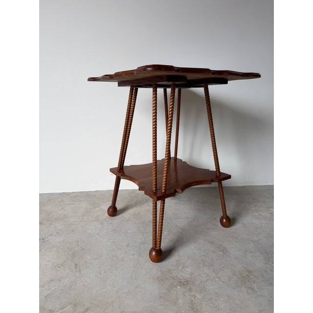 Antique Arts & Crafts Style Two-Tier Oak Accent Table With Scalloped Top Barley Twist Legs and Ball Feet For Sale In Miami - Image 6 of 12