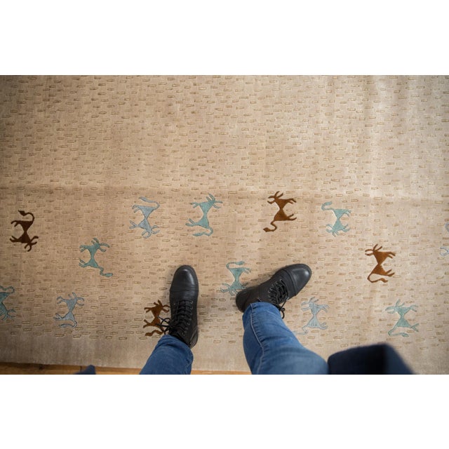 :: Pictorial interpretation of a landscape and four-legged animals in a folk art rendering with simplistic and somewhat...