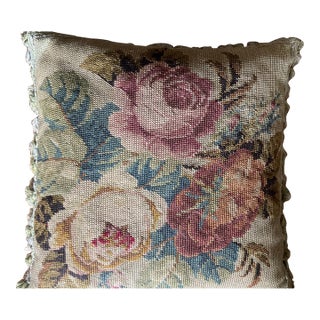 Authentic 19th Century French Needlepoint Pillow, With Down Interior and Velvet Backing. For Sale