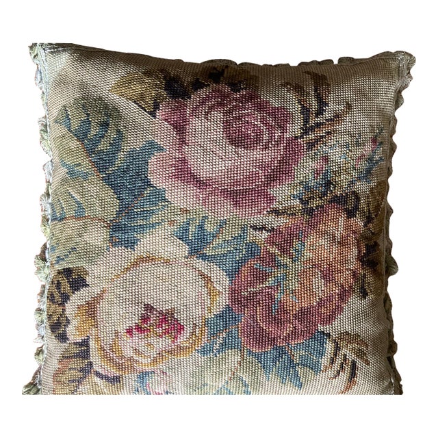 Authentic 19th Century French Needlepoint Pillow, With Down Interior and Velvet Backing. For Sale