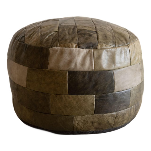Vintage De Sede Patchwork Leather Pouf Ottoman in Olive, Switzerland, 1970s, Attributed For Sale