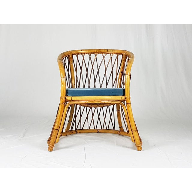 Mid-Century Modern Rush, Rattan and Blue Velvet Armchair, 1960s For Sale - Image 3 of 13