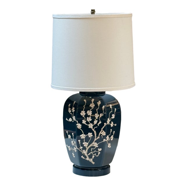 Navy Impasto Table Lamp With Hand Sculpted Floral Relief, Vintage For Sale