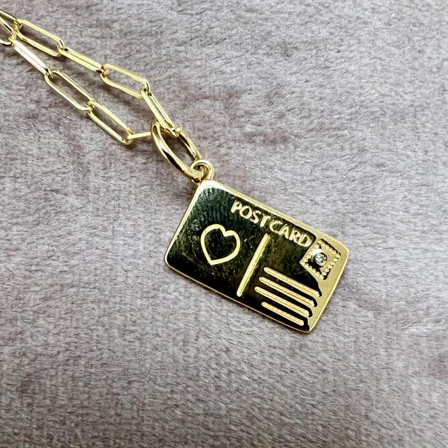 Contemporary Syna Yellow Gold Post Card Charm Pendant with Diamond For Sale - Image 3 of 4