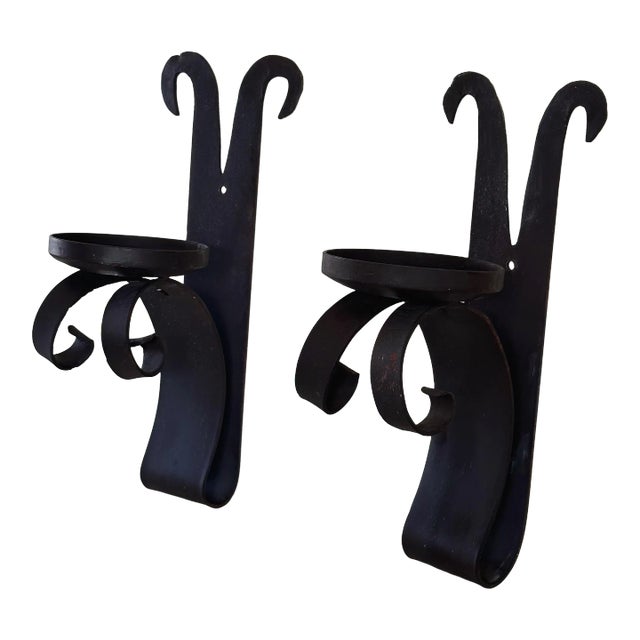 Antique Hammered Wrought Iron Spanish Revival Large Candle Wall Sconces, a Pair For Sale