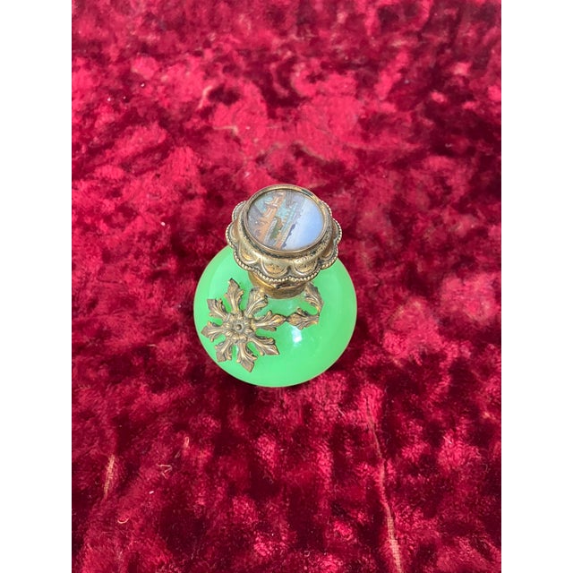 French Mid 19th Century French Uranium Opaline Scent Bottle, Hand-Painted Pont Neuf & Louvre Miniature, Gilt Mounts, Napoleon Iii, 3in For Sale - Image 3 of 14