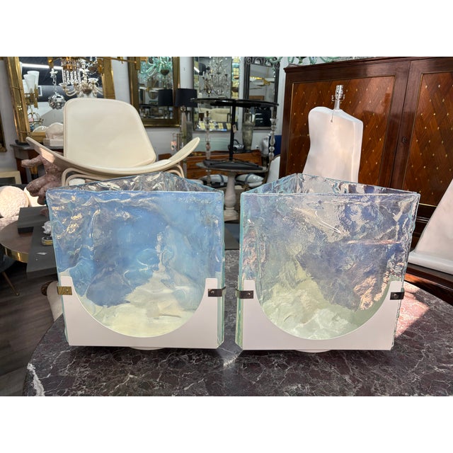 Pair Of Opalescent Murano Glass Lamps By Leucos. Offered is a great pair of Space Age triangular shaped opalescent Murano...