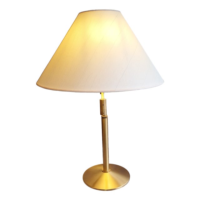 Vintage Table Lamp with Brass Base and Cream-White Fabric Shade, 1980s For Sale