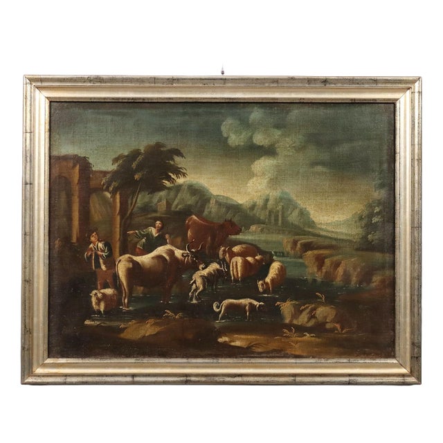 Landscape with Shepherds and Herds, Oil on Canvas For Sale