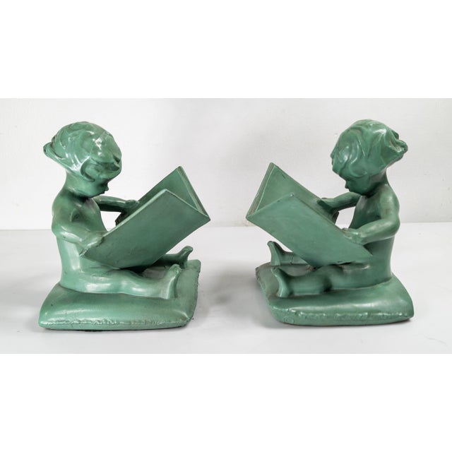 Verdigris Early 20th Century Art Deco Pair of Verdigris Green Bookends of Girls Reading Attributed to FrankArt For Sale - Image 8 of 16