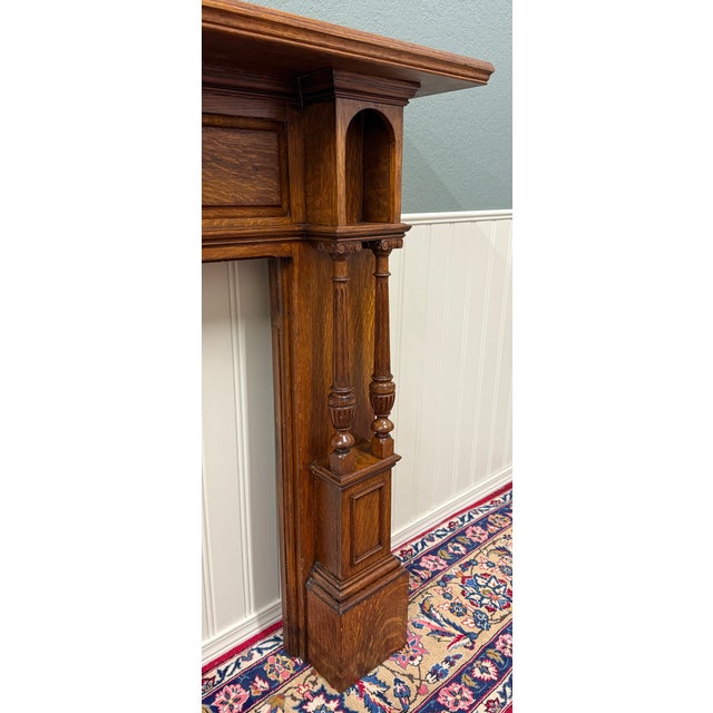 Antique English Fireplace Mantel Surround Renaissance Revival Oak c.1920s-30s For Sale - Image 16 of 18