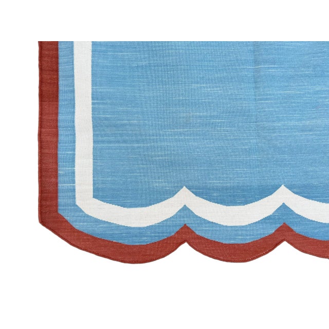 Handmade Cotton Area Rug Natural Vegetable Dyed Flat Weave Sky Blue Scalloped Rug Terracotta Border - 10'x14' For Sale - Image 10 of 11