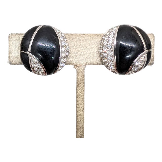 Vintage 1980s Signed Courreges Paris Round Black Enamel & Pavé Clear Rhinestone Clip Earrings-2 Pieces For Sale