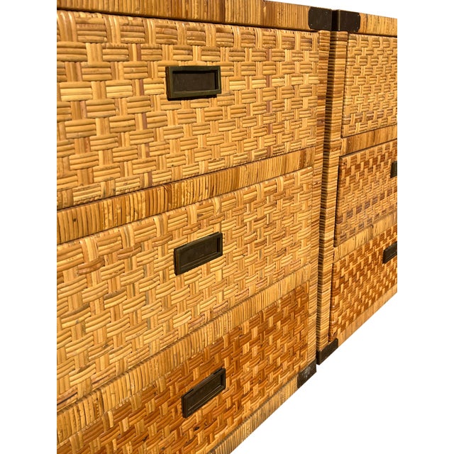 Brown Vintage Wicker Rattan Pair of Chest of Drawers Dressers With Brass Campaign Style Hardware For Sale - Image 8 of 13