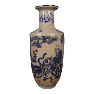 Vintage Blue & White Rouleau Vase With Crackle Glaze For Sale