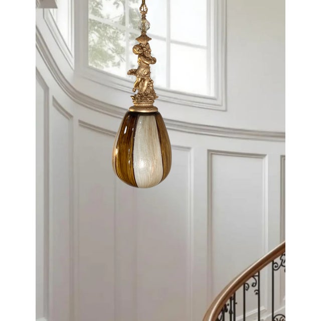 Art Nouveau Murano Art Glass Aventurine Ovoid Shade With a Cherub Sculpture Pendant Light For Sale - Image 3 of 18