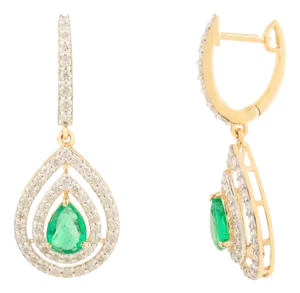 Teardrop Gold 18k Diamond & Emerald Earrings -2 Pieces
