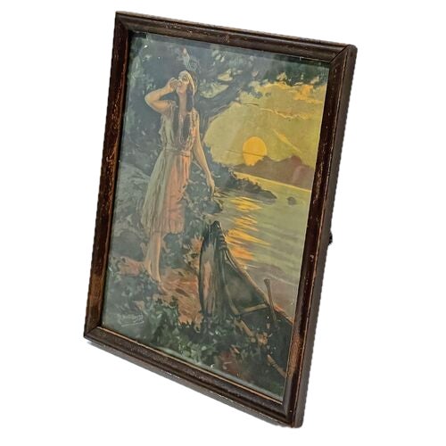 Vintage Native American woman and canoe framed print. Signed "HY Hintermeister" on the lower left corner. Marked...
