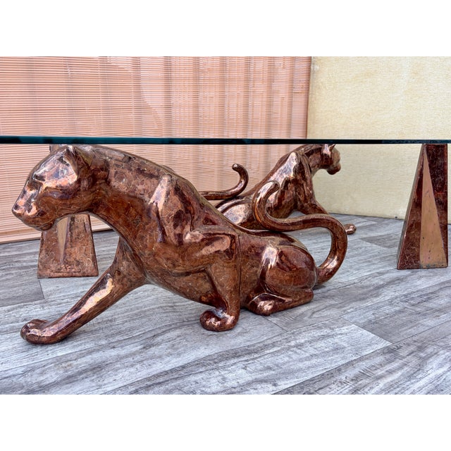 Royal Haeger Hollywood Regency Mottled Bronze Ceramic Panthers Pedestal Coffee Table. Circa 1970s For Sale - Image 4 of 15