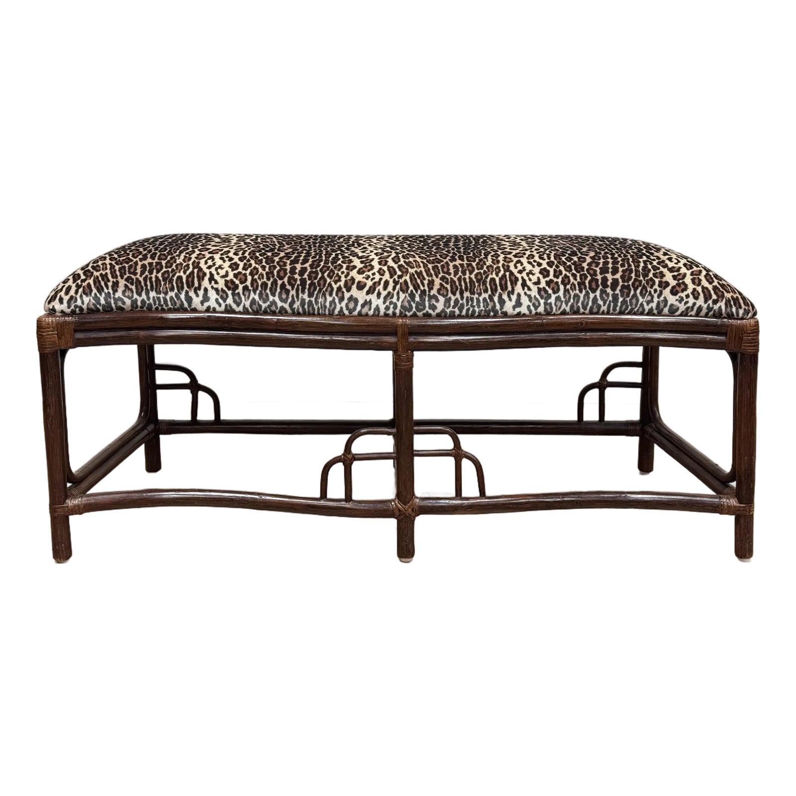 Vintage Chinoiserie Style Leopard Print Velvet Upholstered Rattan Bench ...