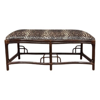 Vintage Chinoiserie Style Leopard Print Velvet Upholstered Rattan Bench For Sale