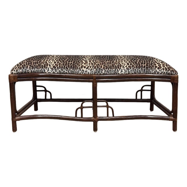 Vintage Chinoiserie Style Leopard Print Velvet Upholstered Rattan Bench For Sale