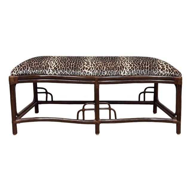 Vintage Velvet Leopard Print Upholstered Chinoiserie Style Bench For Sale