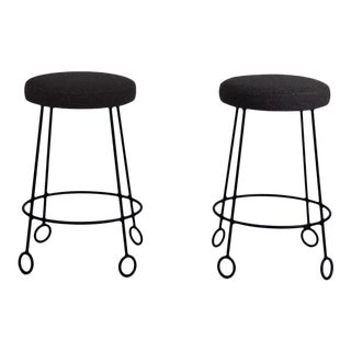 Wrought Iron and Boucle Counter Stools - a Pair For Sale