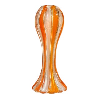 Murano Salviati Barbini 1950s Vintage Orange White Gold Flecks Italian Art Glass Flower Vase For Sale