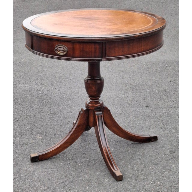 Brandt Mid-Century Regency Style Mahogany and Stenciled Leather Top Drum Table For Sale In Washington DC - Image 6 of 14