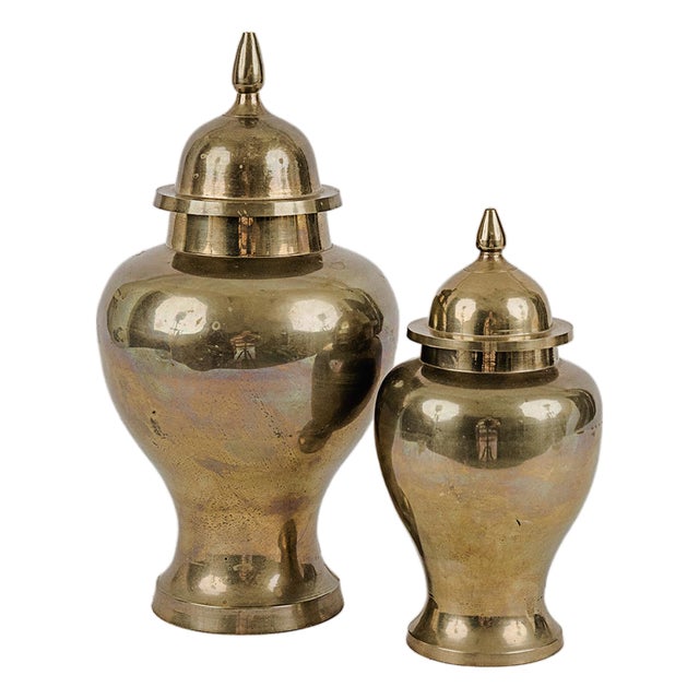 Vintage Pair of Brass Ginger Jars Mid-Century Modern Hollywood Regency For Sale
