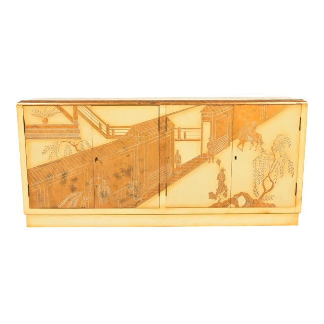 Baker Furniture Style Hollywood Regency Chinoiserie Hand-Painted Cream Lacquered Sideboard Credenza, Circa 1970s For Sale