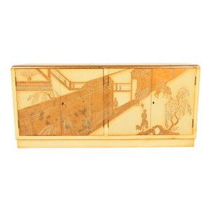 Baker Furniture Style Hollywood Regency Chinoiserie Hand-Painted Cream Lacquered Sideboard Credenza, Circa 1970s