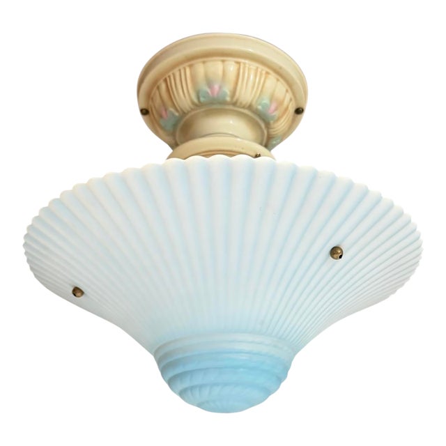 Mid 20th Century Light Blue Semi-Flushmount Light Fixture With Hand Painted Canopy For Sale