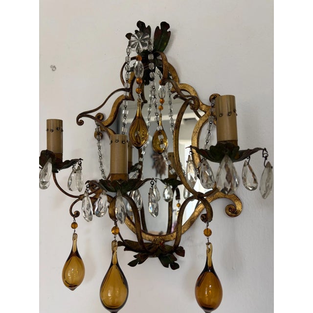 1900 - 1909 Italian Tuscan Mirror Metal Florentine Sconces C 1900 Amber Blown Murano Glass For Sale - Image 5 of 12