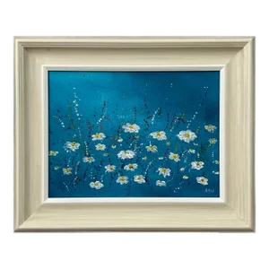 Angela Wakefield Abstract White Daisy Flowers on Turquoise Background by Contemporary Artist, 2023