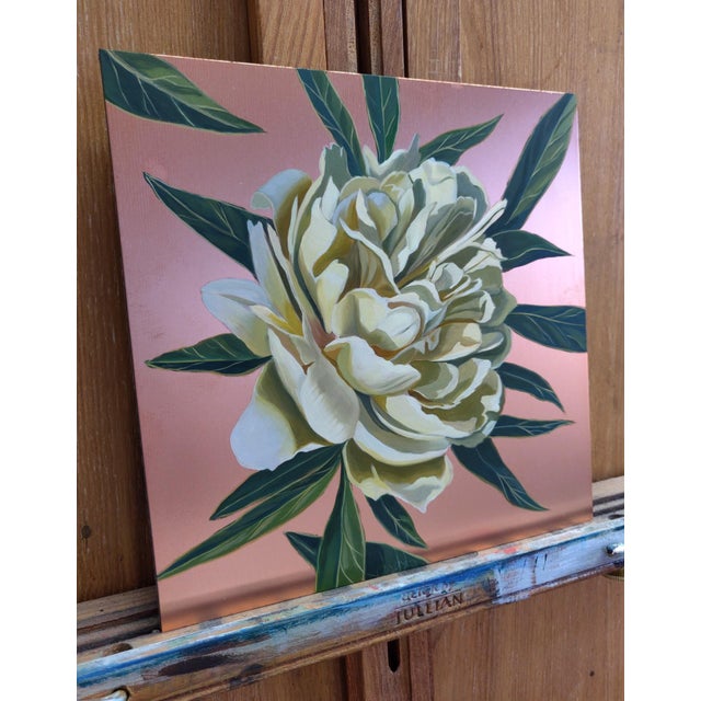 Contemporary Unfolding Petals on Copper by Robin Hextrum | Oil on Artefex Copper Panel Flower with Leaves For Sale - Image 3 of 3