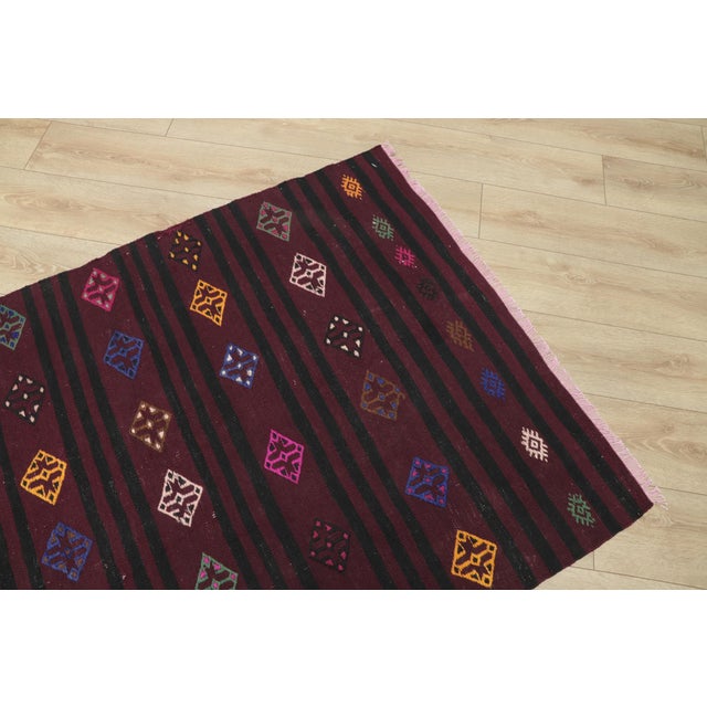 Red 1970s Cabin Style Stripe Design Hand Knotted Oushak Natural Wool Kilim Rug For Sale - Image 8 of 13
