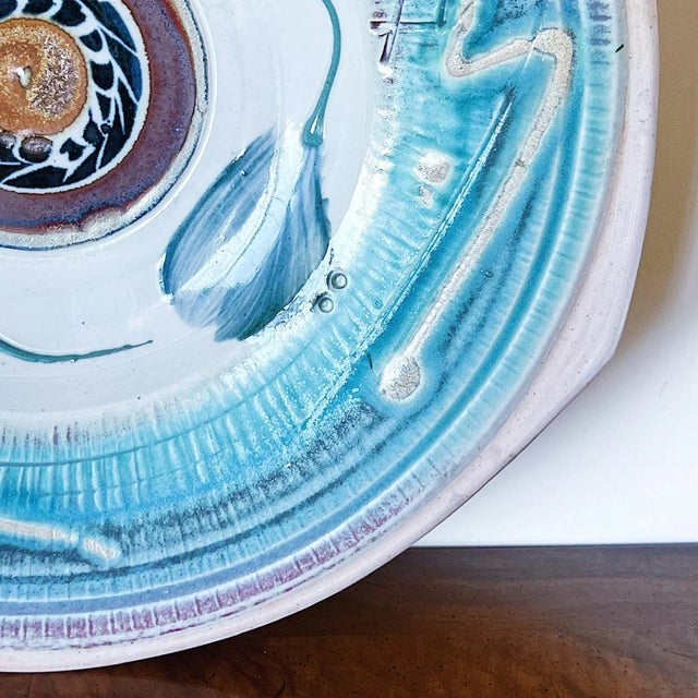 Mid 20th Century Mid-Century Large Hand Thrown California Studio Pottery Art Nouveau Plate With Unique Triangular Points For Sale - Image 5 of 9