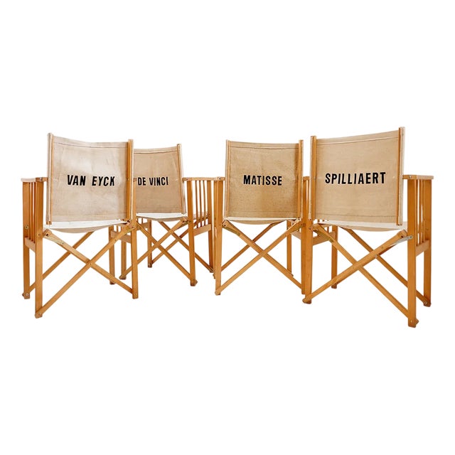 Vintage Folding Chairs in Oak and Cotton Canvas, Set of 4 For Sale