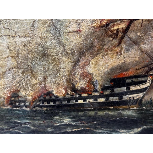 Victorian British Naval Marine Oil Painting HMS Bombay on Fire Off Montevideo 1864 After Beechey For Sale - Image 4 of 18